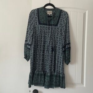 See NY Green and Navy Floral Long-Sleeve Boho Dress